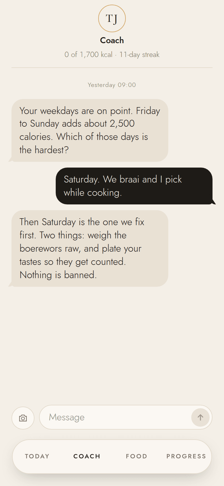 The coach conversation, in message bubbles