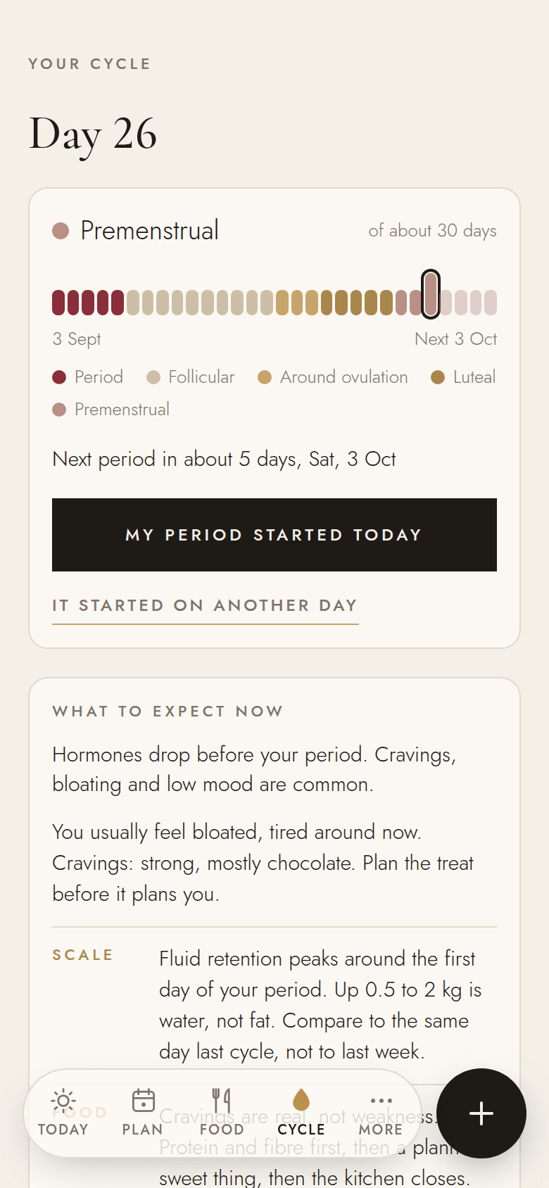 The Cycle screen: cycle day, phase and what to expect