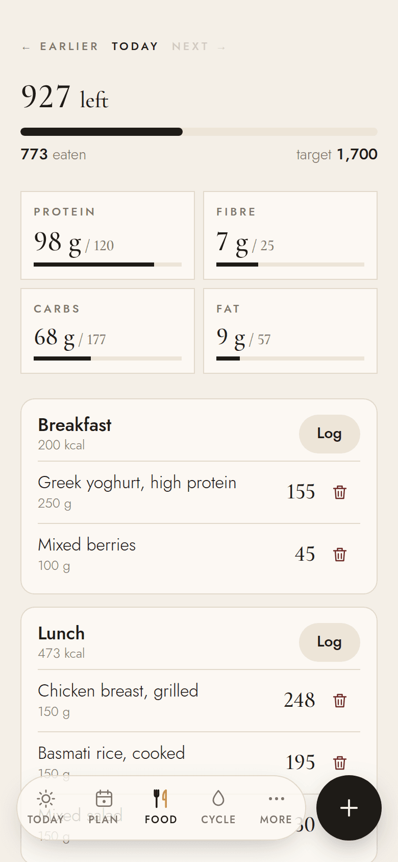 The Food screen: calories left, protein, fibre, carbs and fat against your targets, and every meal logged