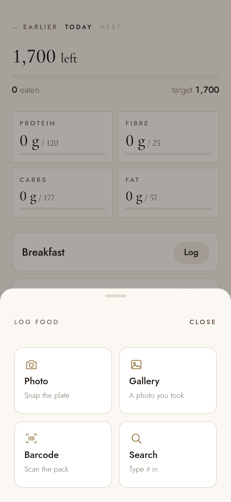 Log food: photo, gallery, barcode or search