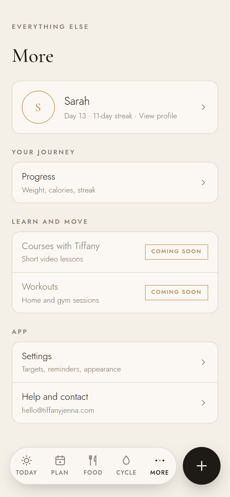 The More screen: courses with Tiffany and workouts, coming soon