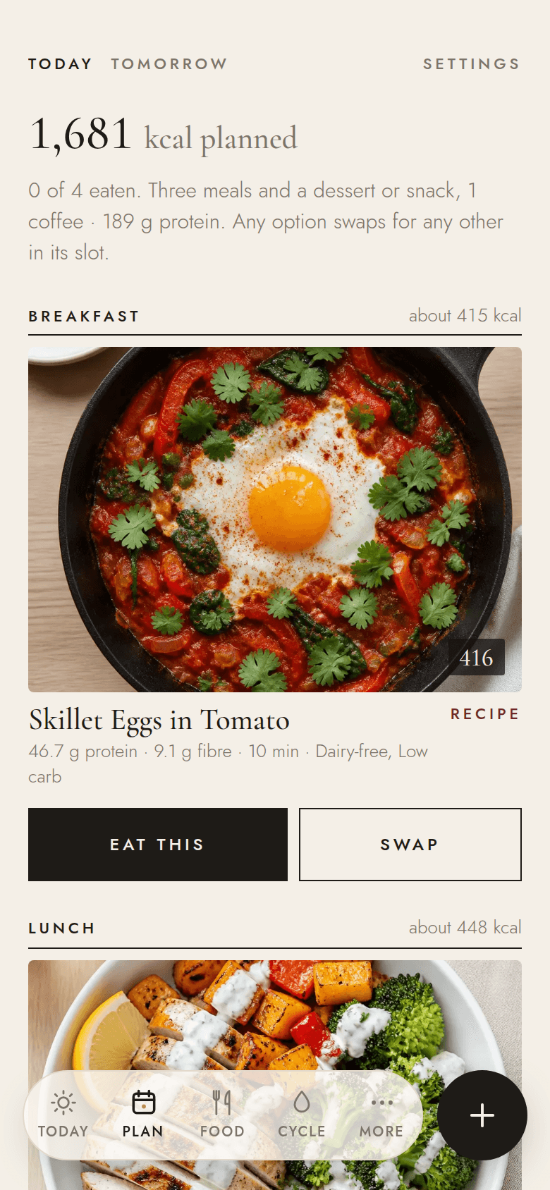 The Plan screen: today's breakfast, photographed and scaled to your calories