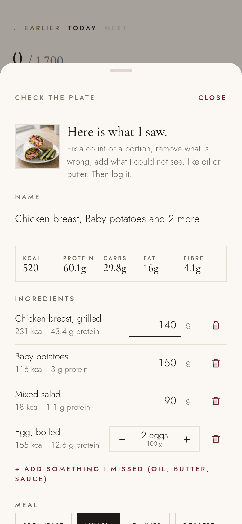 Check the plate: every item listed with a portion, editable