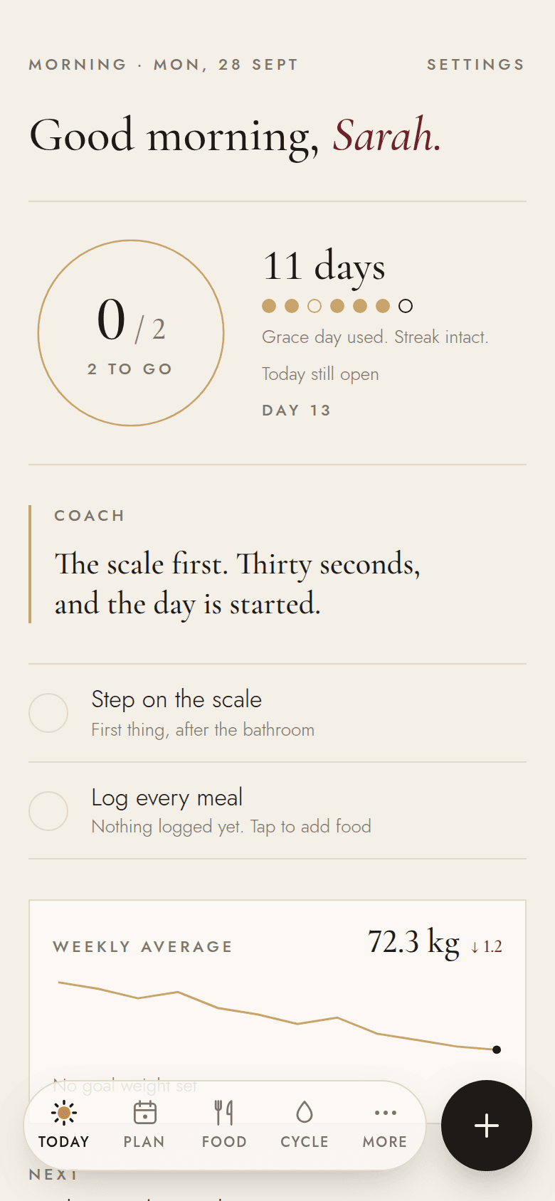 The Today screen: the coach's line and today's habits